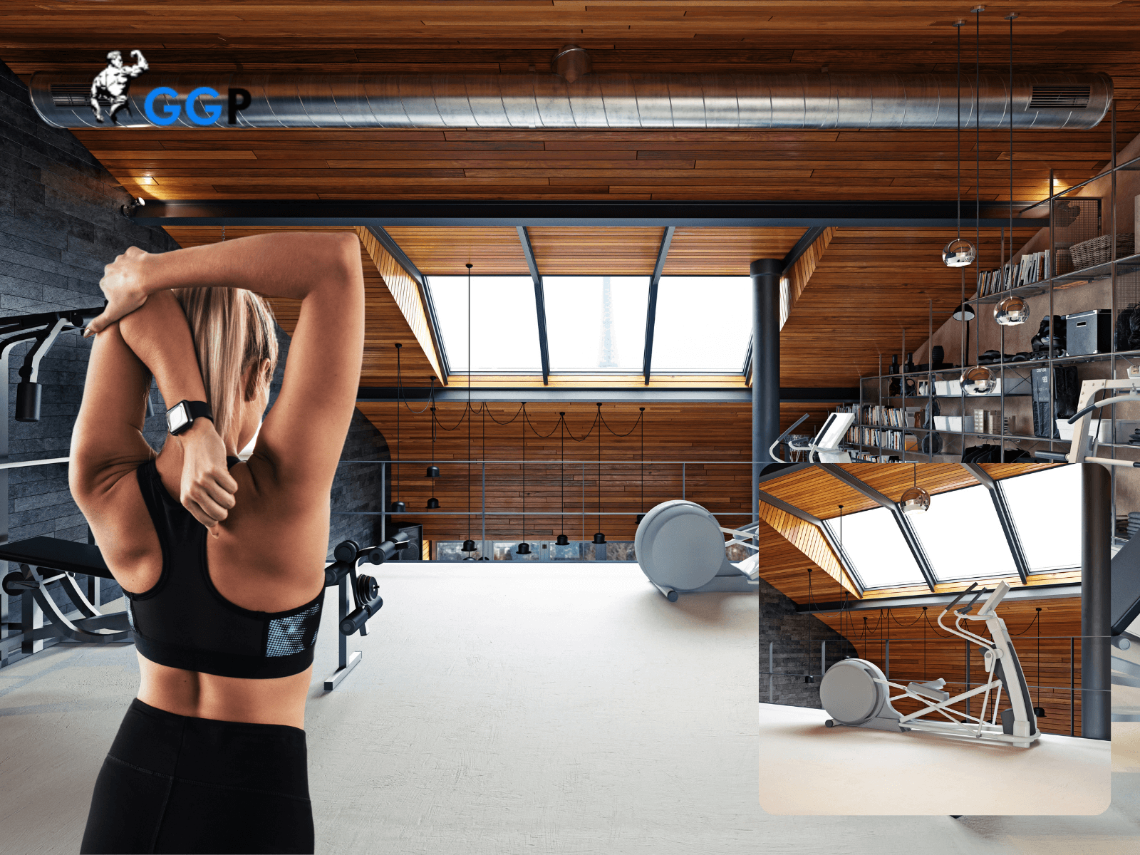 A woman with a well designed home gym with a spacious layout