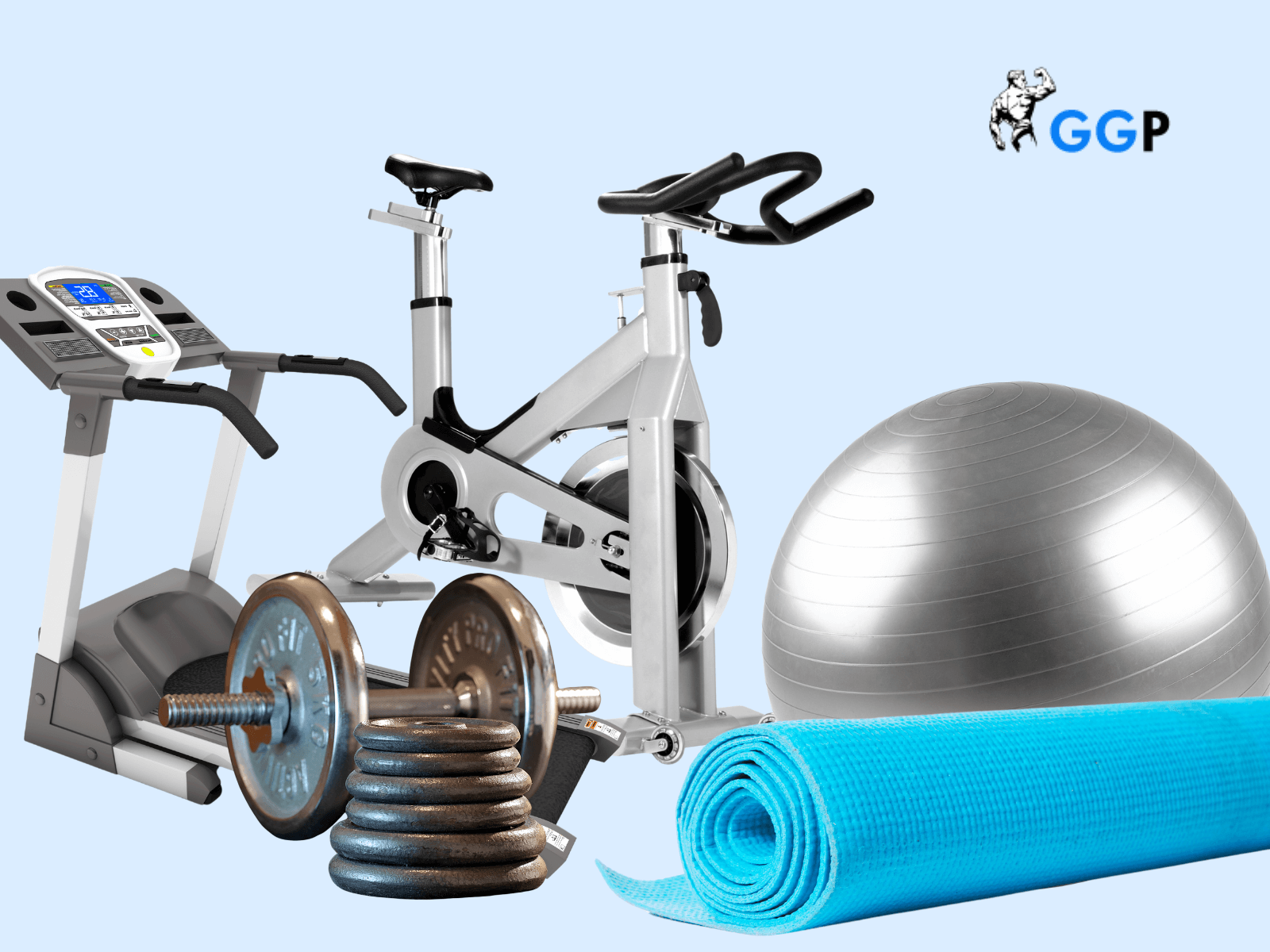 A treadmill, gym bike, dumbbell, yoga mat, and medicine ball for gym essentials